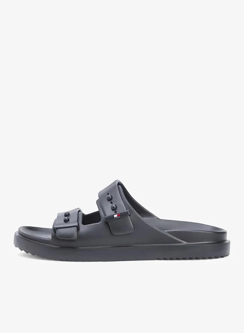 Tommy Hilfiger Black Lightweight Pin Buckle Serrated Pool Slides