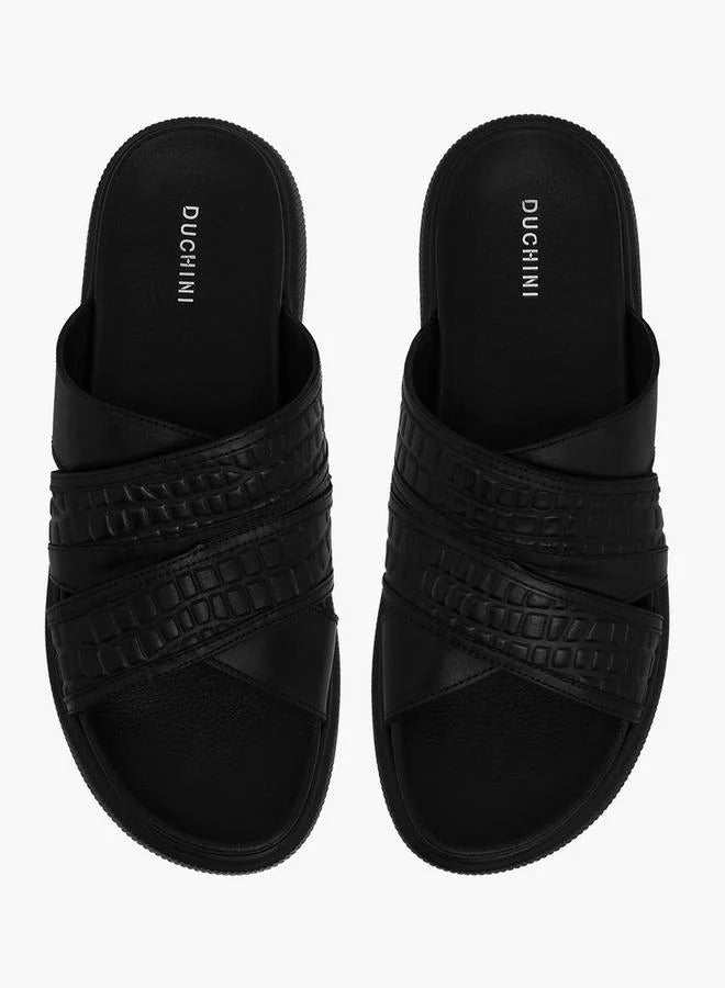 DUCHINI Leather Cross Strap Mens Slide Blk/Brn