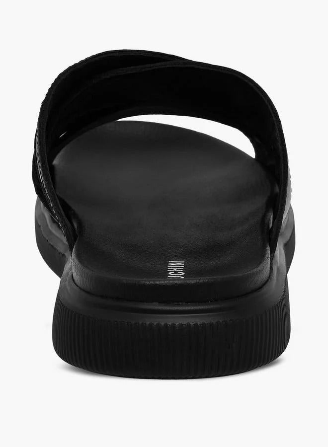 DUCHINI Leather Cross Strap Mens Slide Blk/Brn