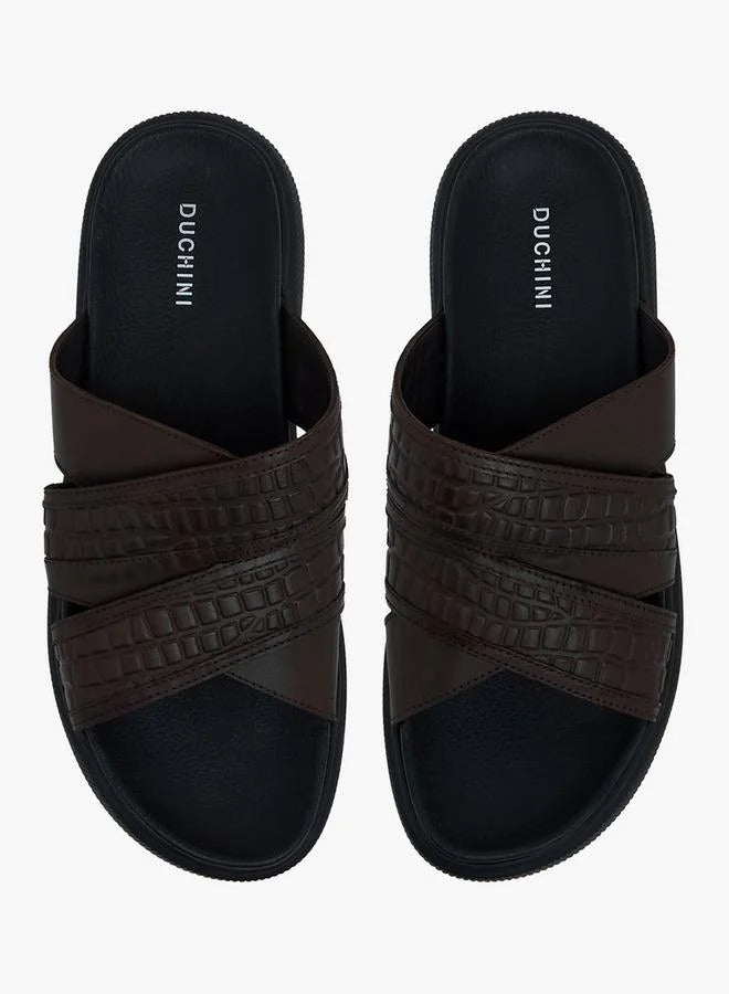 DUCHINI Leather Cross Strap Mens Slide Blk/Brn