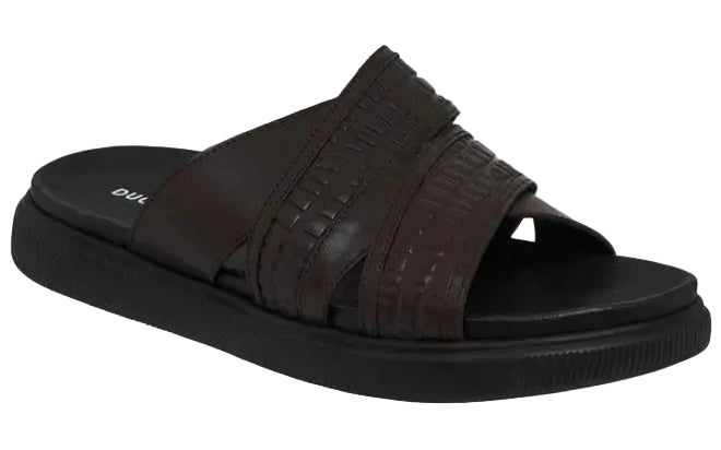 DUCHINI Leather Cross Strap Mens Slide Blk/Brn