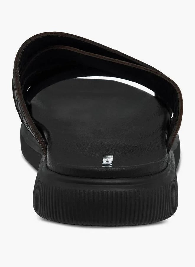 DUCHINI Leather Cross Strap Mens Slide Blk/Brn