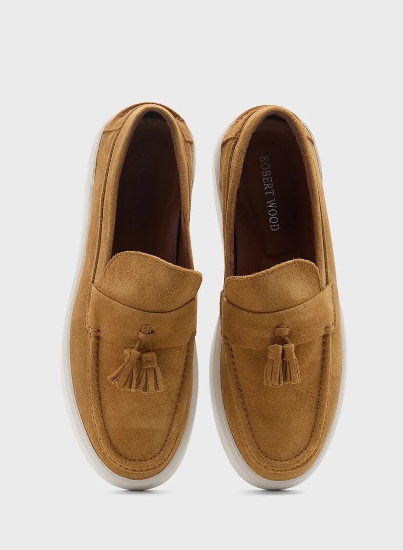 Genuine Leather Suede Casual Loafer Slip Ons - Tan