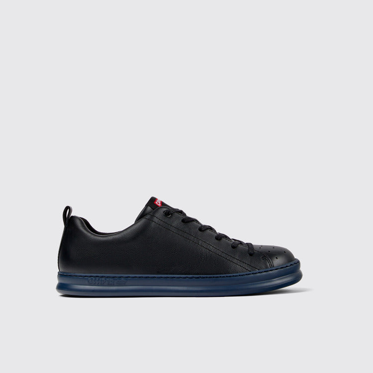 Side view of Runner Black Leather Sneakers for Men.