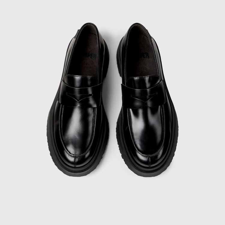 Overhead view of Walden Black Leather Moccasins for Men.