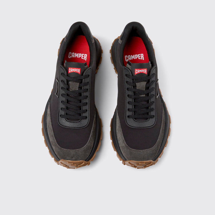 Overhead view of Drift Trail Black Textile and Nubuck Leather Sneakers for Men.