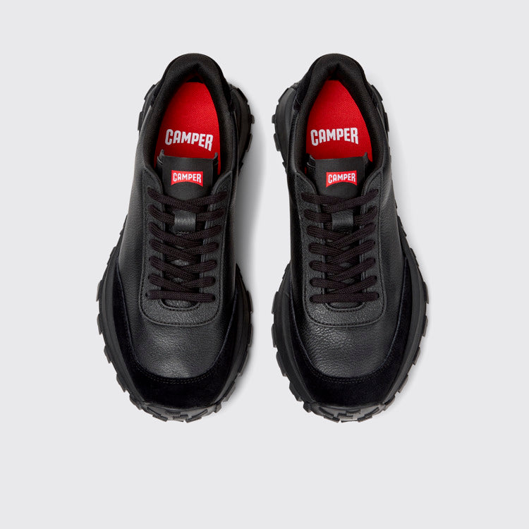 Overhead view of Drift Trail Black Leather and Nubuck Sneakers for Men.