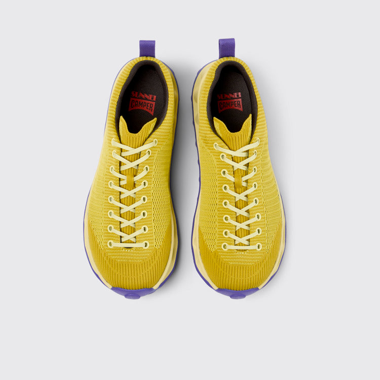 Overhead view of Camper x SUNNEI - PELOTISSIMA Yellow and Blue Textile Sneakers for Men.