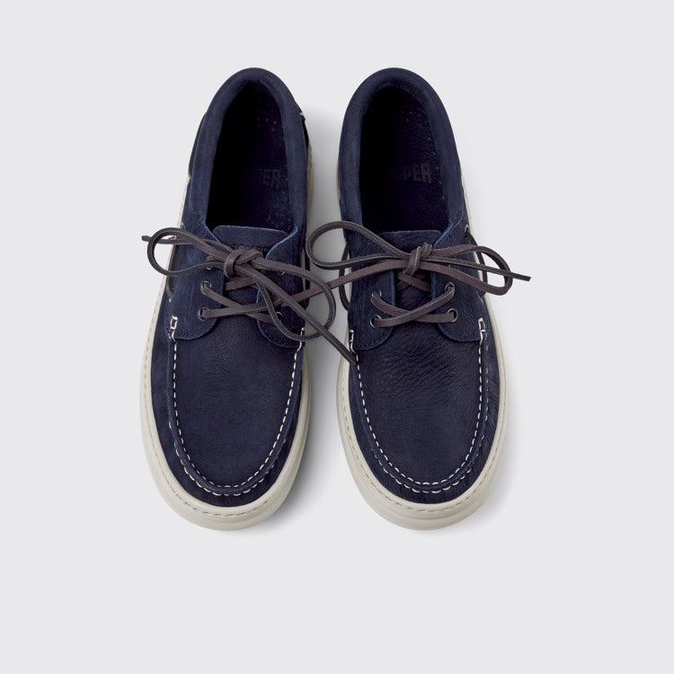 Overhead view of Runner Blue Nubuck Leather Moccasins for Men.