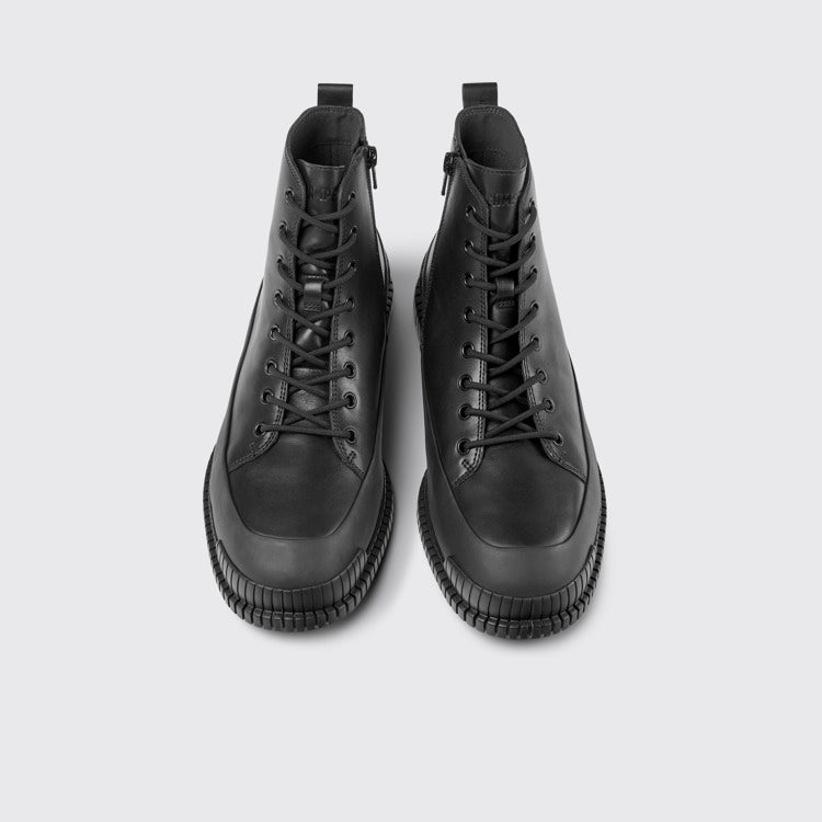Overhead view of Pix Black Leather Mid Boots for Men.