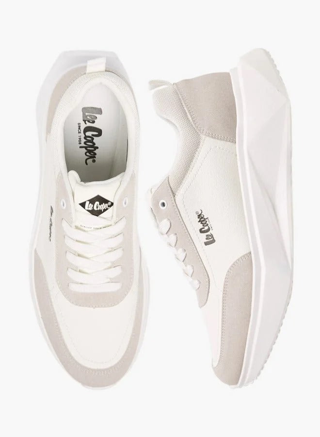 Lee Cooper Panelled Lace-Up Sneakers with Pull Tabs for Men -White