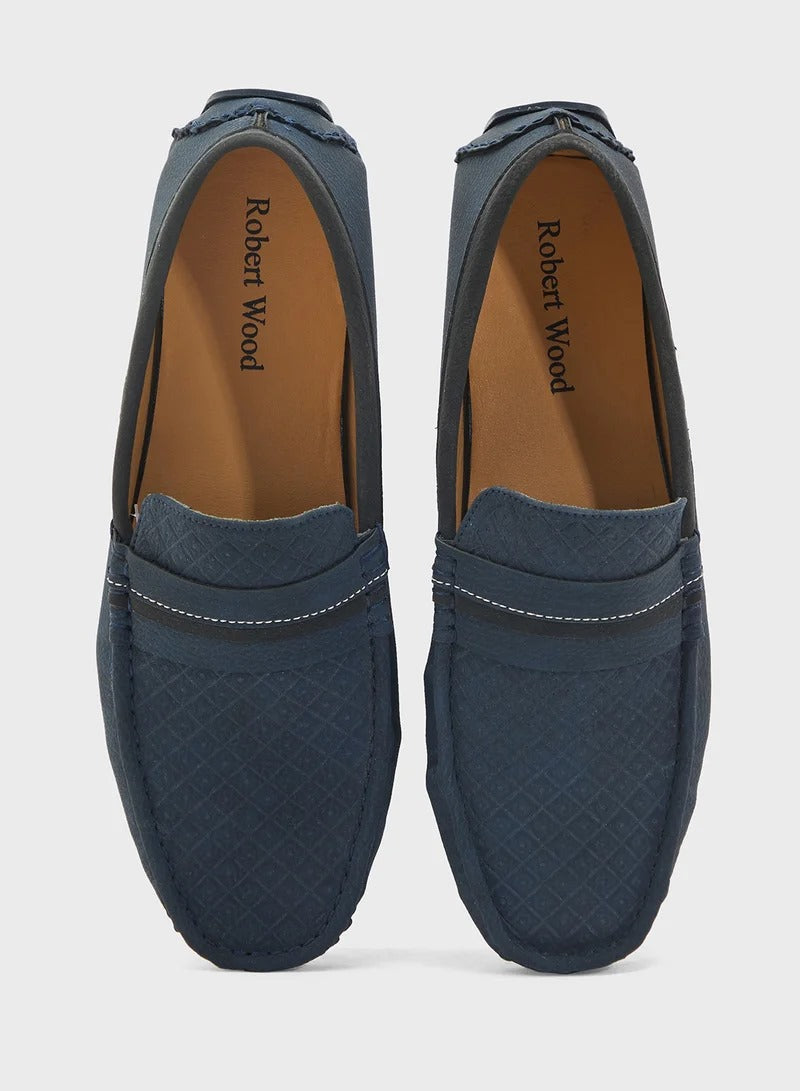 Robert Wood Saddle Detail Textuted Loafers - Navy Blue