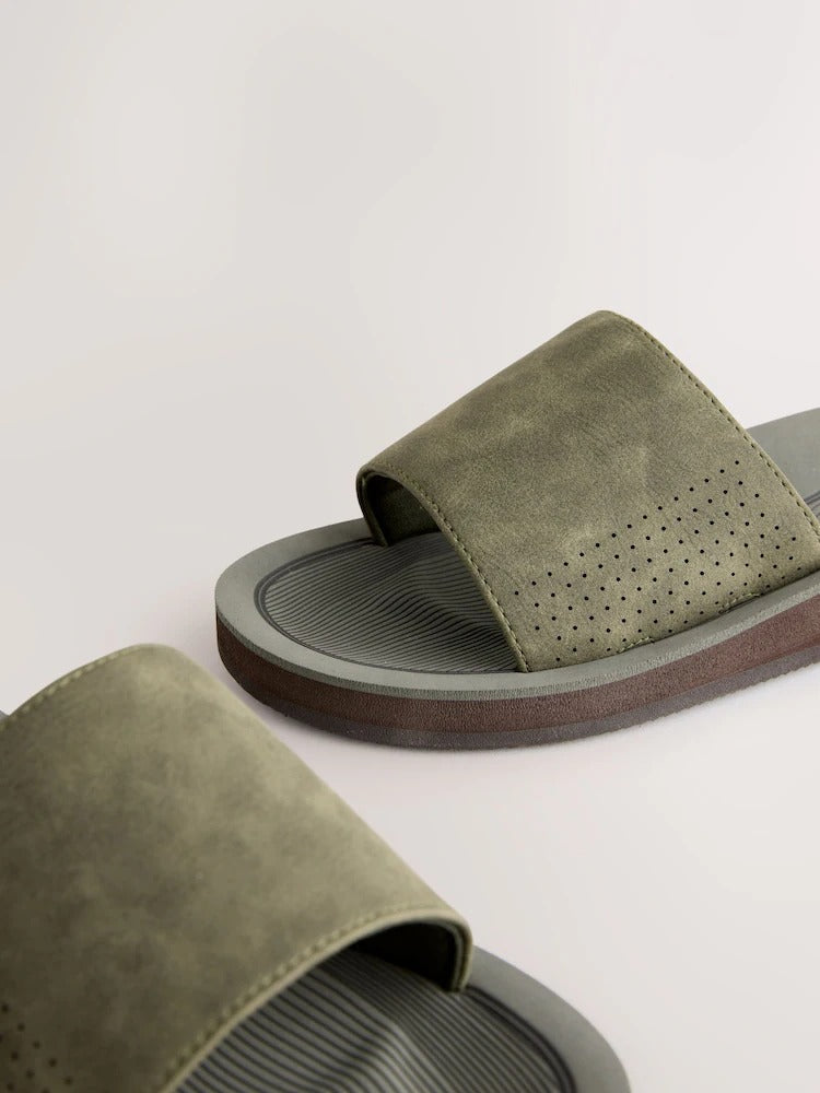 Khaki Green Motion Flex Comfort Sliders - Lightweight Slip-Ons