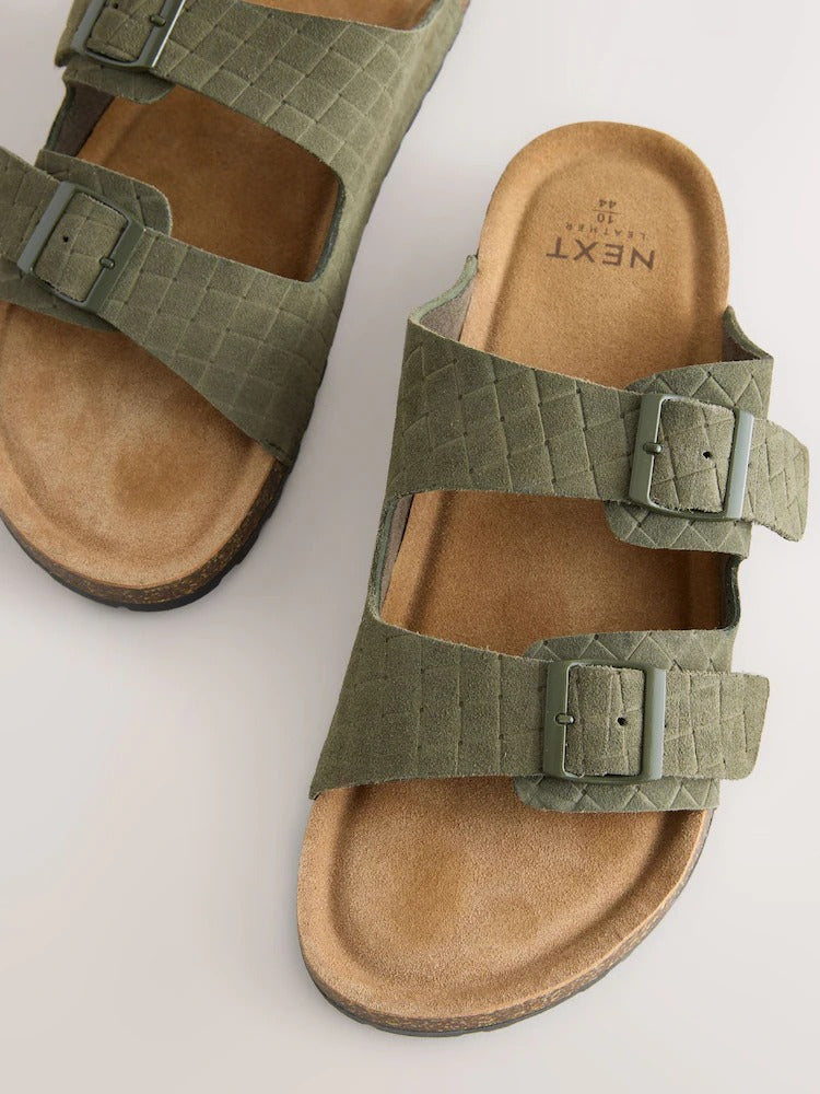 NEXT Green Weave Embossed Suede Two Buckle Sandals