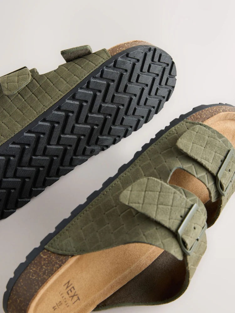 NEXT Green Weave Embossed Suede Two Buckle Sandals