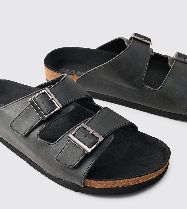 boohooMan PU Double Strap Sandal BLK