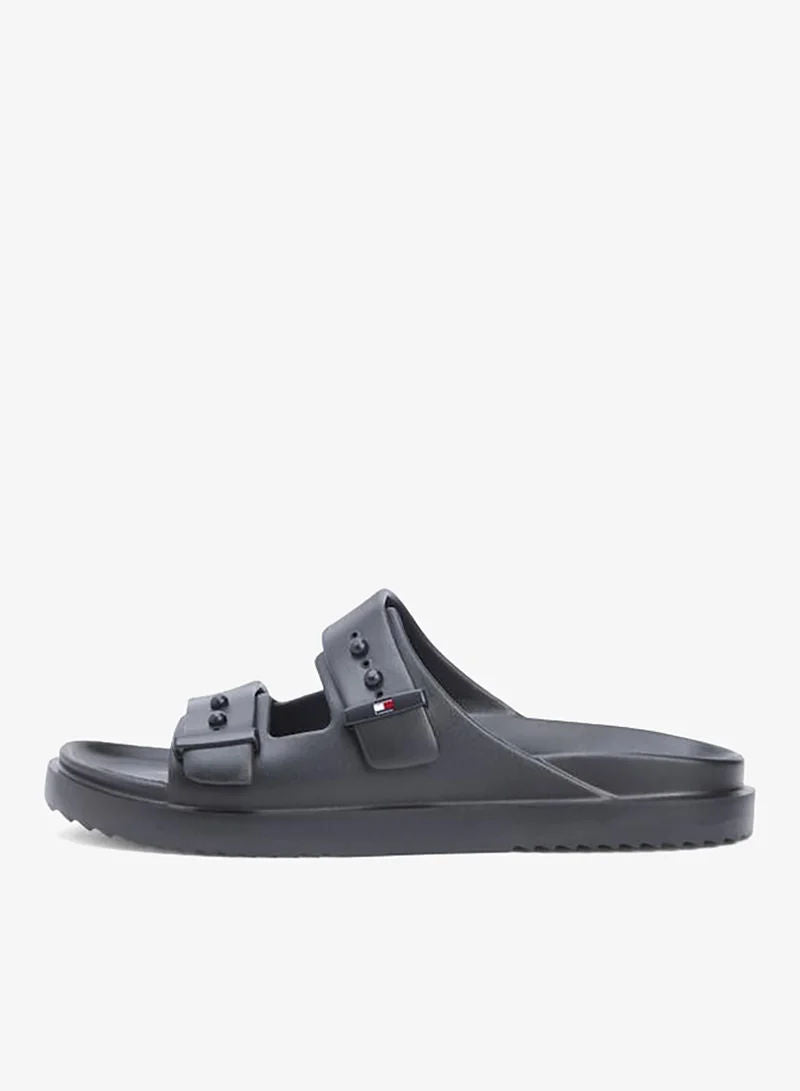 Tommy Hilfiger Black Lightweight Pin Buckle Serrated Pool Slides