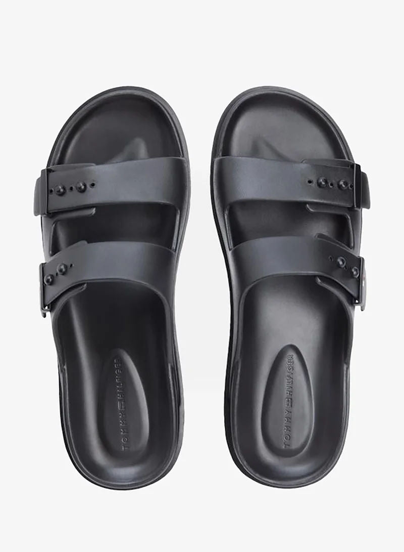 Tommy Hilfiger Black Lightweight Pin Buckle Serrated Pool Slides