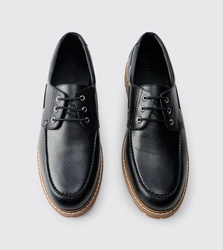 BoohooMAN Men's Solid PU Boat Shoes Low Top Black