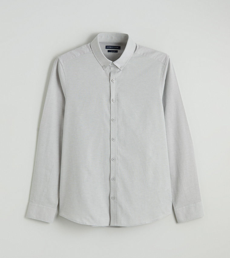 LC Waikiki Solid Button-Down Collar Slim Fit Oxford Shirt Grey