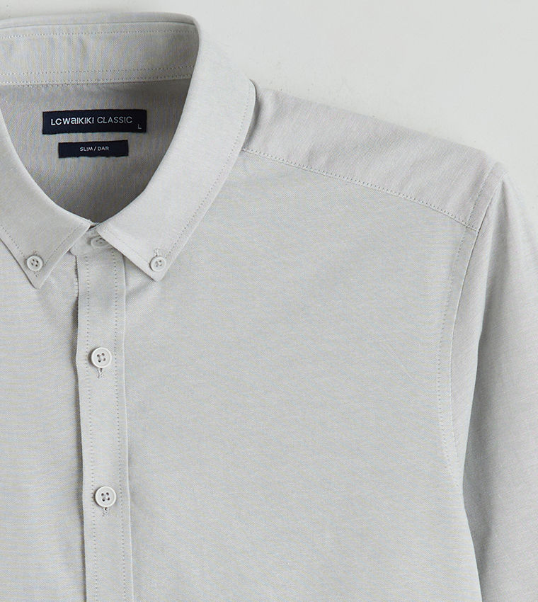 LC Waikiki Solid Button-Down Collar Slim Fit Oxford Shirt Grey