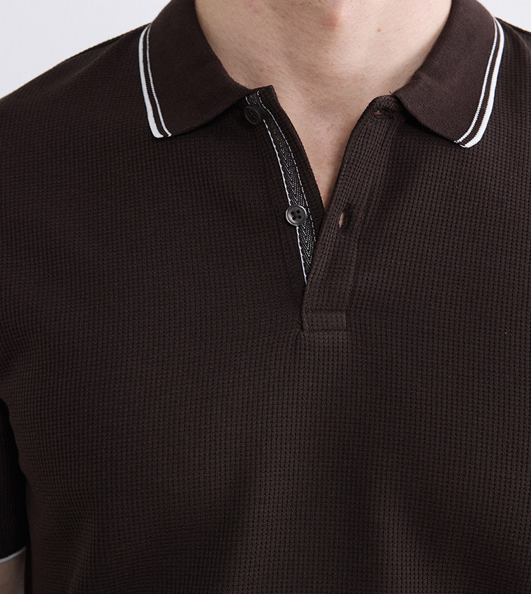 LC Waikiki Textured Short Sleeve Polo T-Shirt Brown