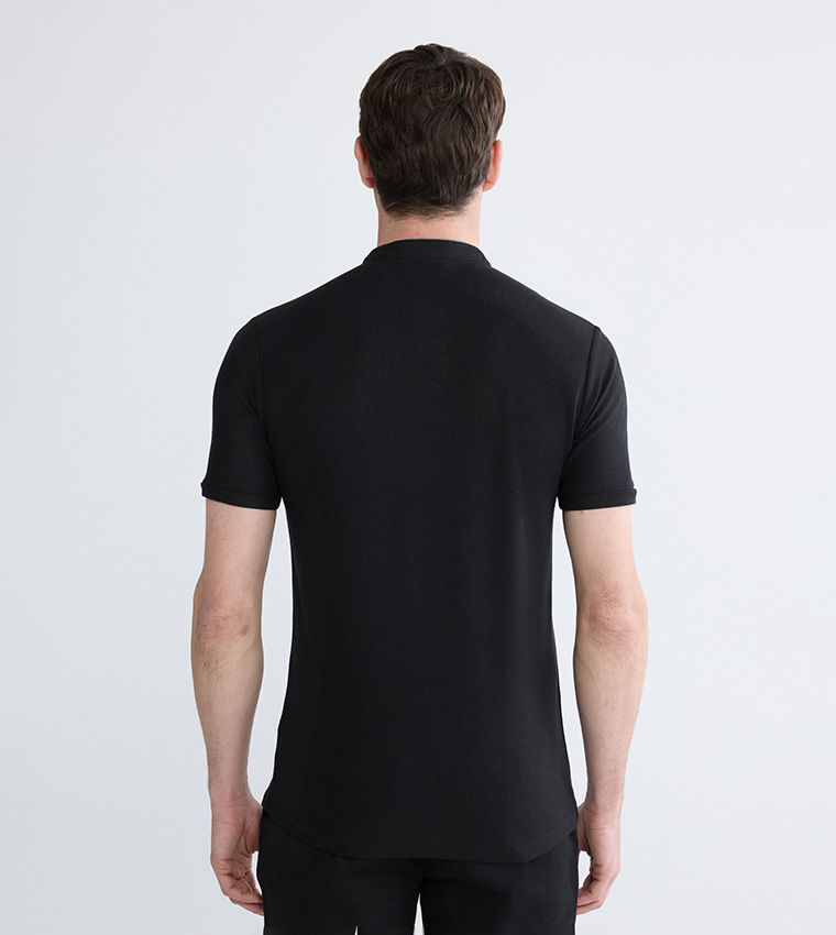 LC Waikiki Solid Mandarin Collar Short Sleeves T-Shirt Black