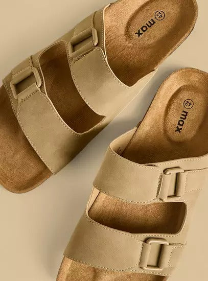 Beige Buckle Slide Sandals - Casual, Textured Slip-Ons