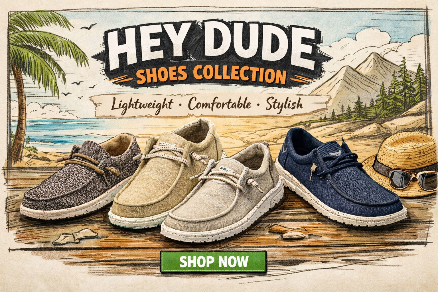Skechy style banner of Hey Dude shoes collection featuring lightweight casual slip-on footwear with a beach and mountain background, highlighting comfort, flexibility and everyday style.