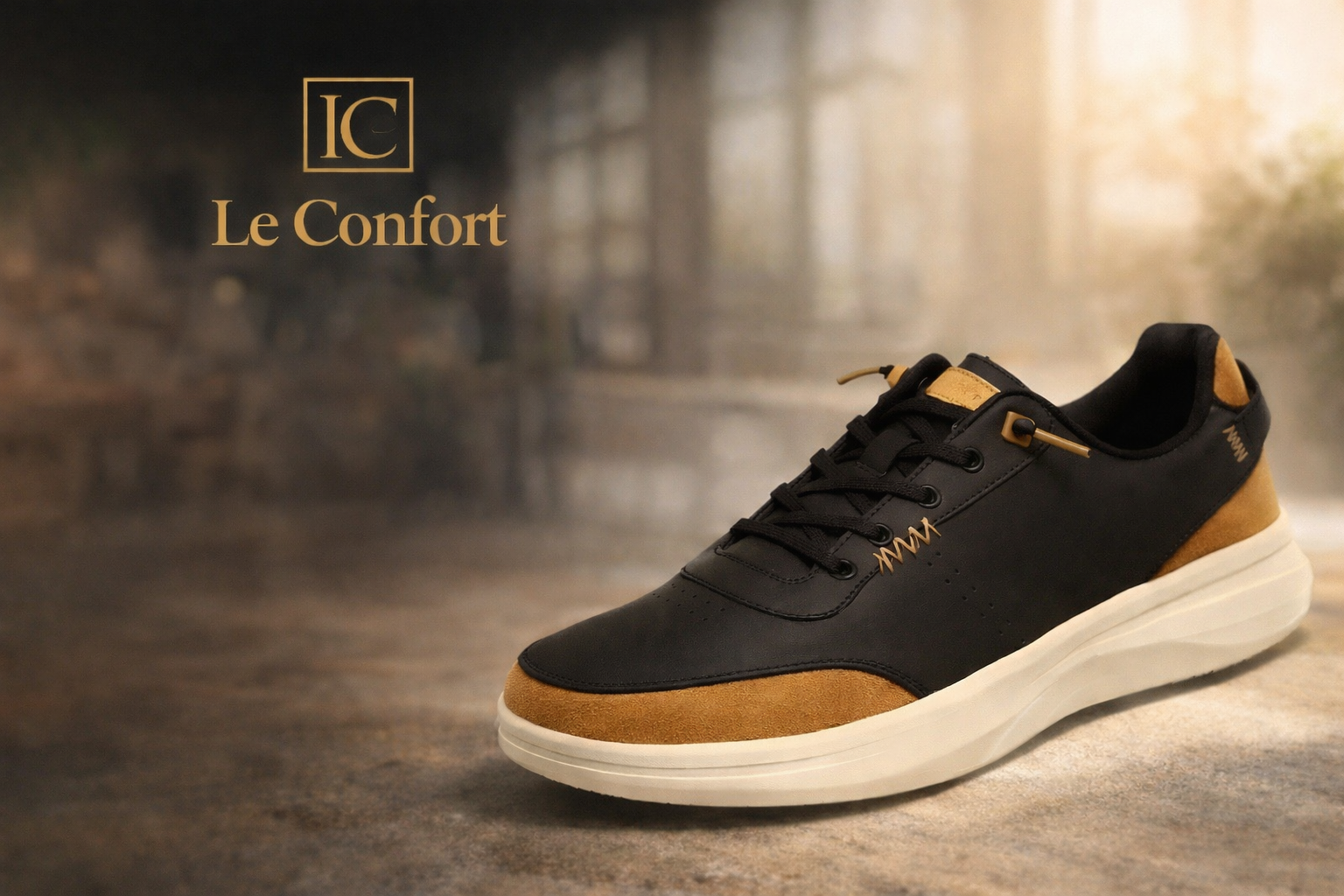 Le Confort men’s black and tan casual sneakers with cushioned sole and premium leather finish displayed on elegant warm background.