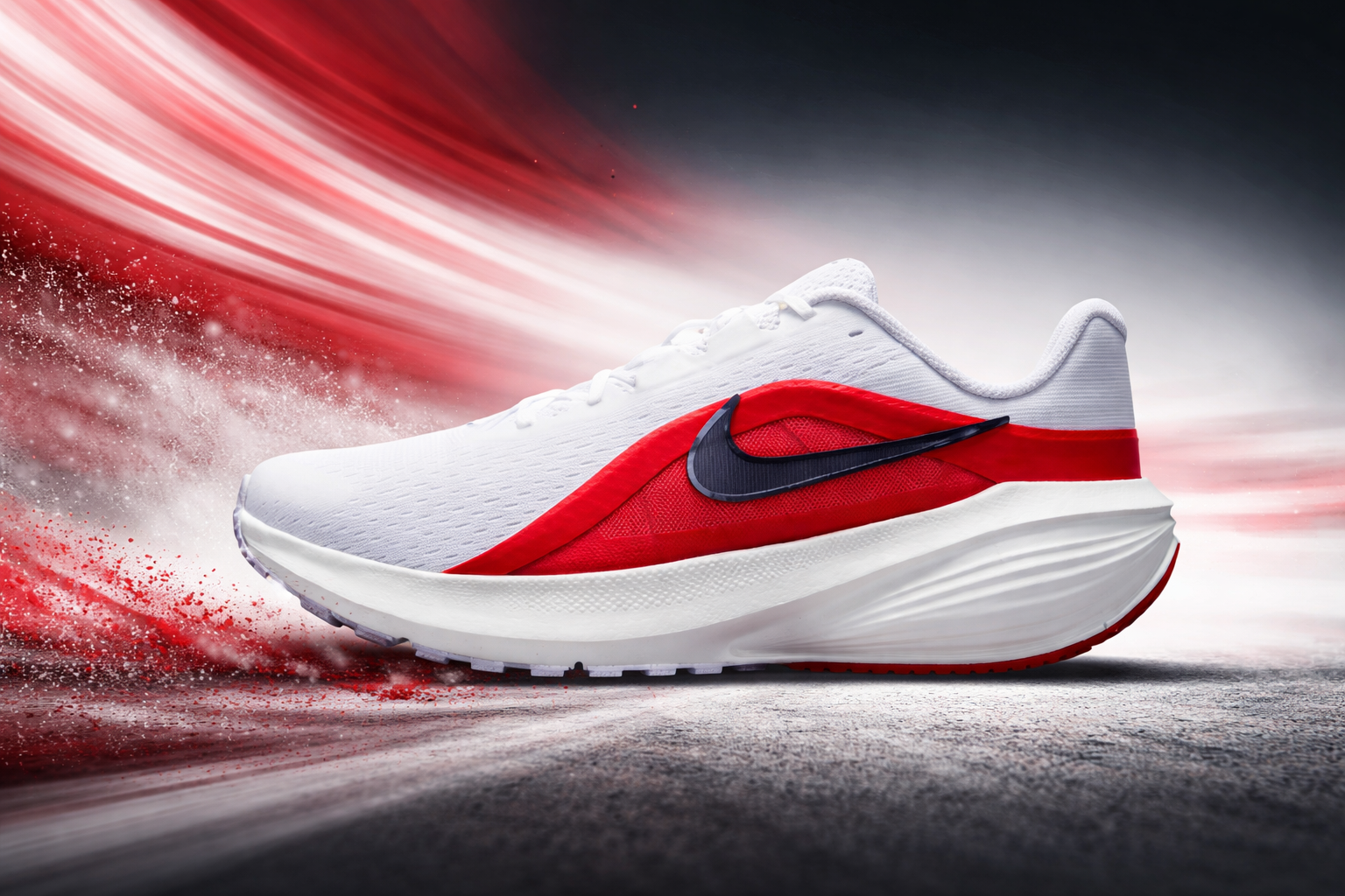 White and red Nike running shoes for men with lightweight breathable mesh upper, cushioned sole and sporty design on dynamic red motion background.