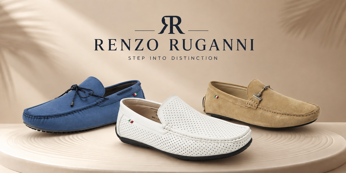 Renzo Ruganni men’s luxury loafers collection featuring white perforated leather, tan suede, and blue suede loafers for stylish men in Pakistan.