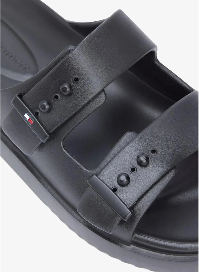 Tommy Hilfiger Black Lightweight Pin Buckle Serrated Pool Slides
