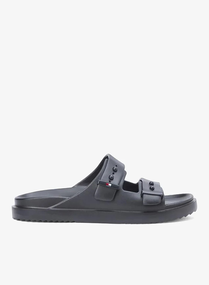 Tommy Hilfiger Black Lightweight Pin Buckle Serrated Pool Slides