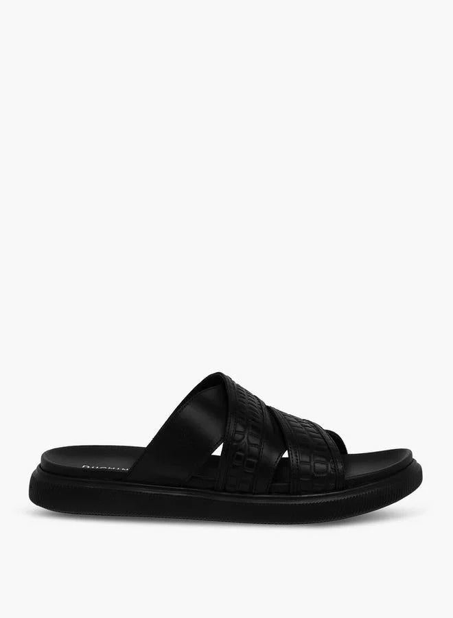 DUCHINI Leather Cross Strap Mens Slide Blk/Brn