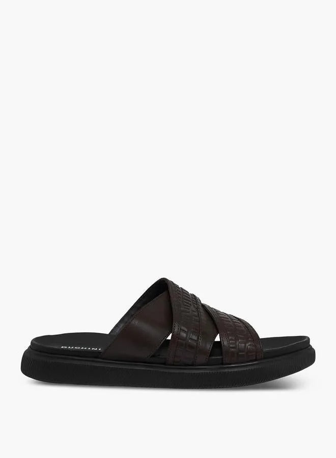 DUCHINI Leather Cross Strap Mens Slide Blk/Brn
