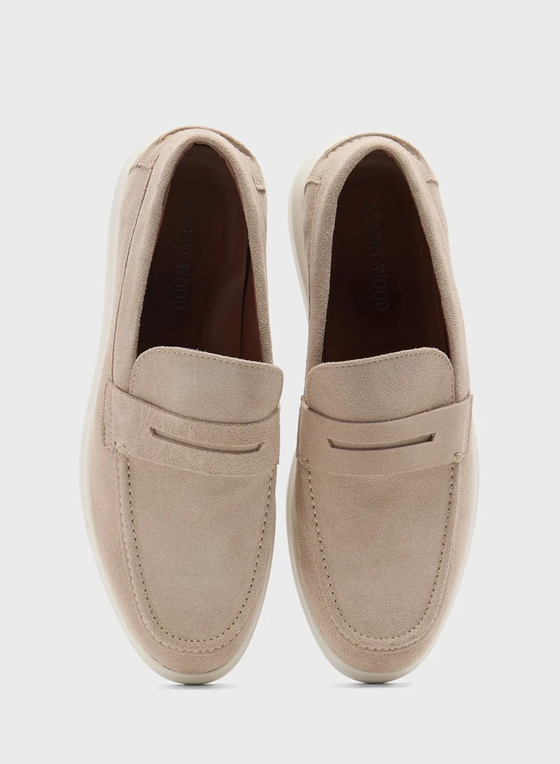 Genuine Leather Suede Casual Loafer Slip Ons - Beige