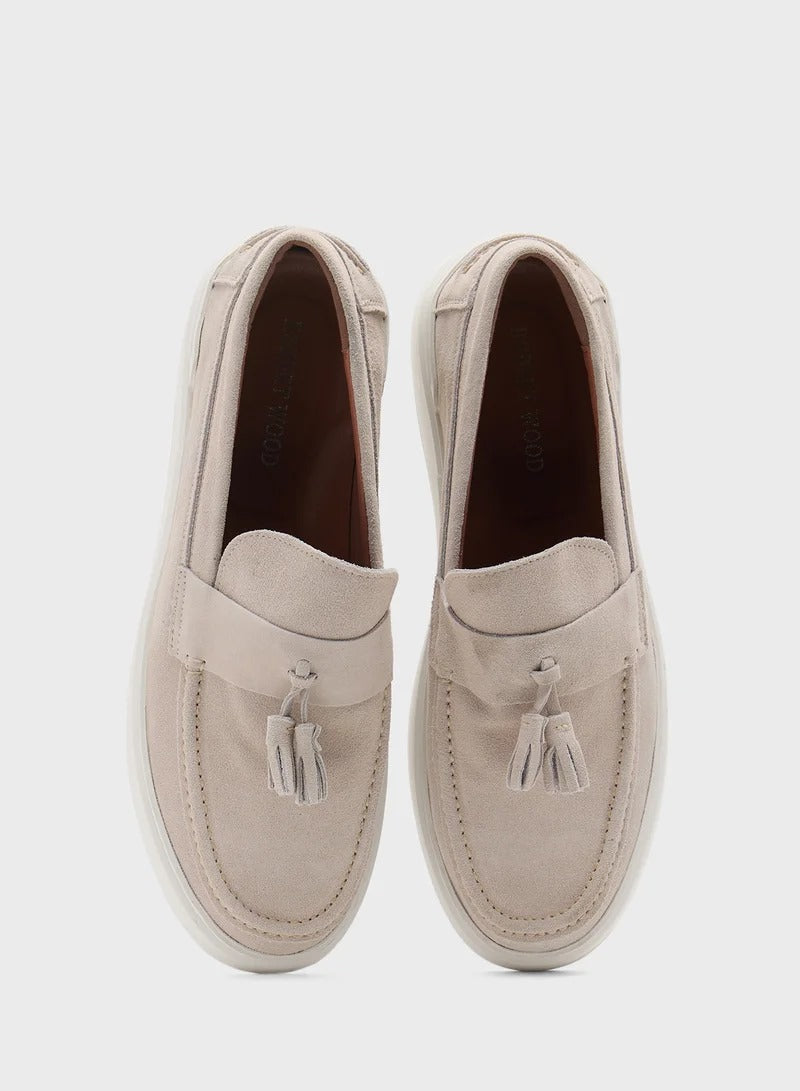 Genuine Leather Suede Casual Loafer Slip Ons - Beige