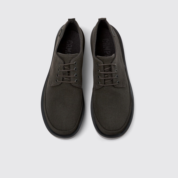 Overhead view of Wagon Gray Recycled Cotton and Nubuck Shoes for Men.
