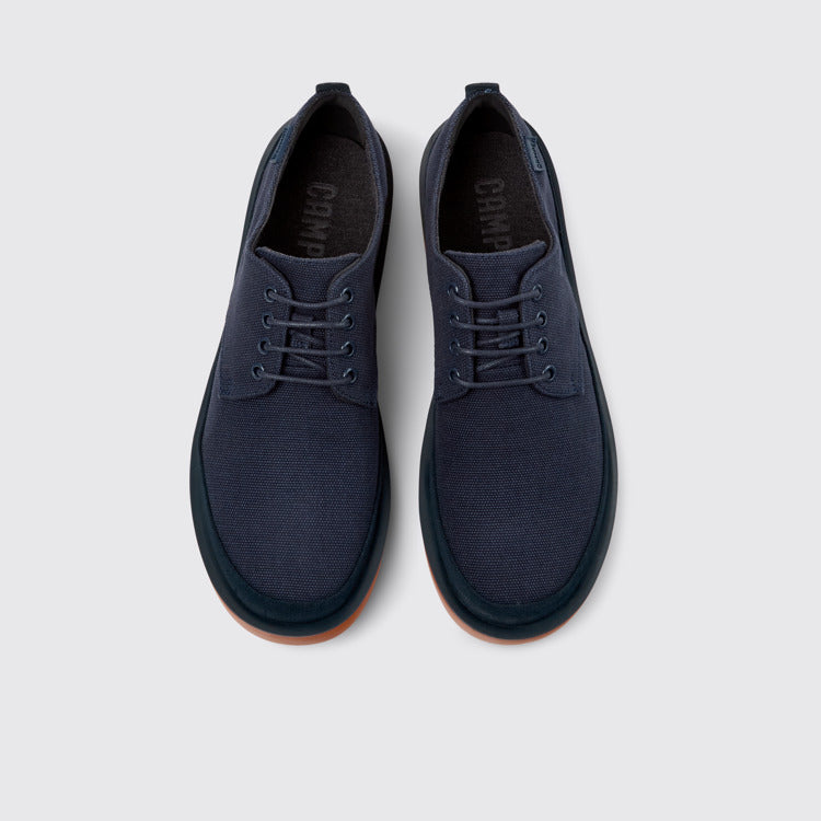Overhead view of Wagon Blue Recycled Cotton and Nubuck Shoes for Men.