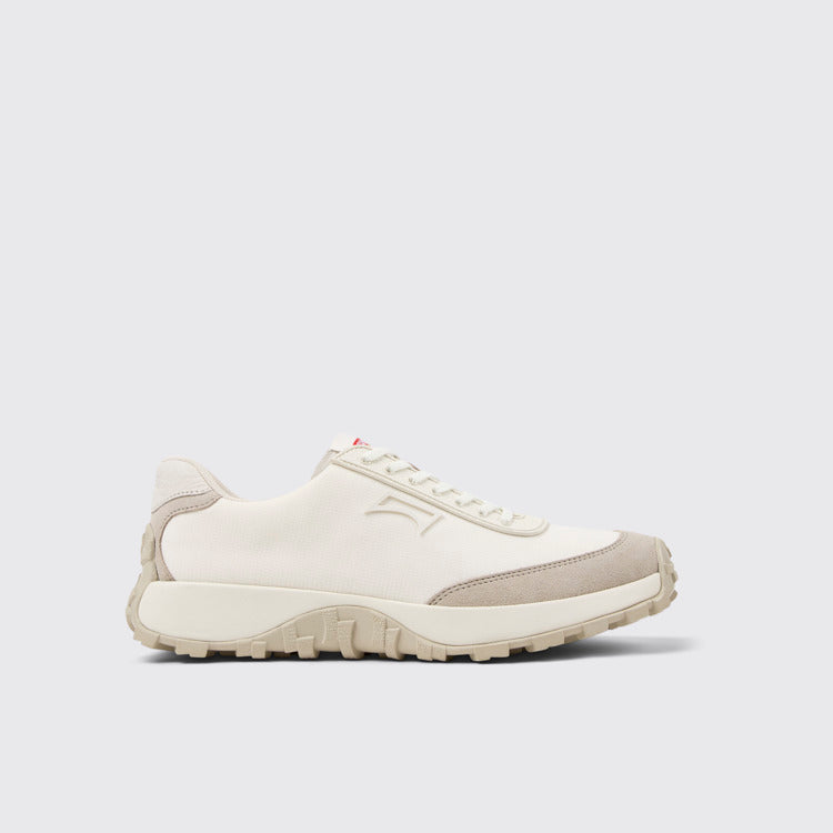 Side view of Drift Trail White and Beige Textile and Nubuck Sneakers for Men.