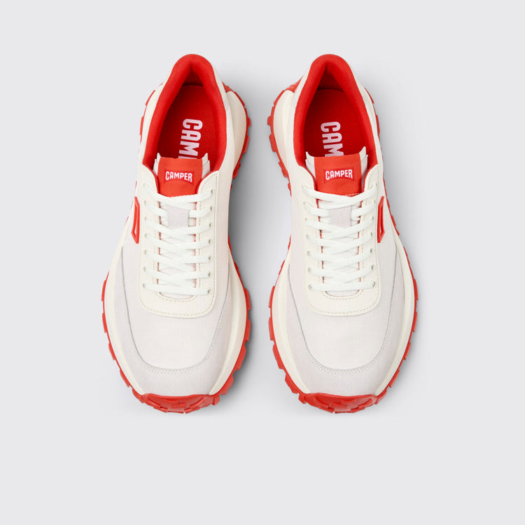 Overhead view of Drift Trail VIBRAM White Recycled PET and Nubuck Sneakers for Men.