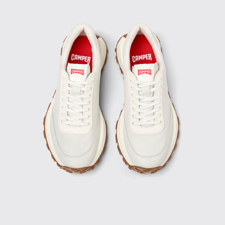 Overhead view of Drift Trail White Leather Sneakers for Men.