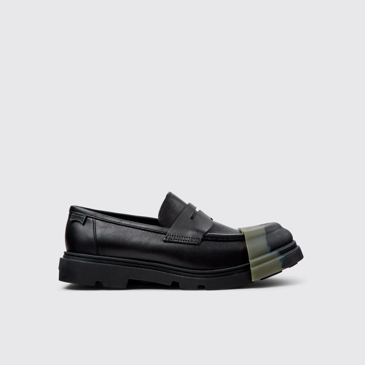 Side view of Junction Black Leather Moccasin Shoes for Men.