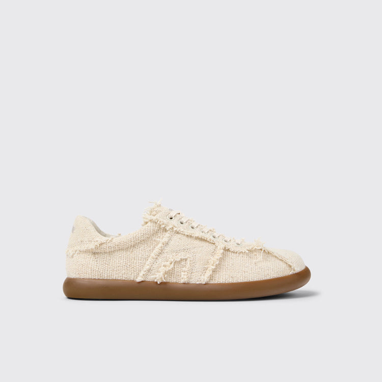 Side view of Pelotas Soller x EFI Beige Organic Cotton and Leather Sneakers for Men.
