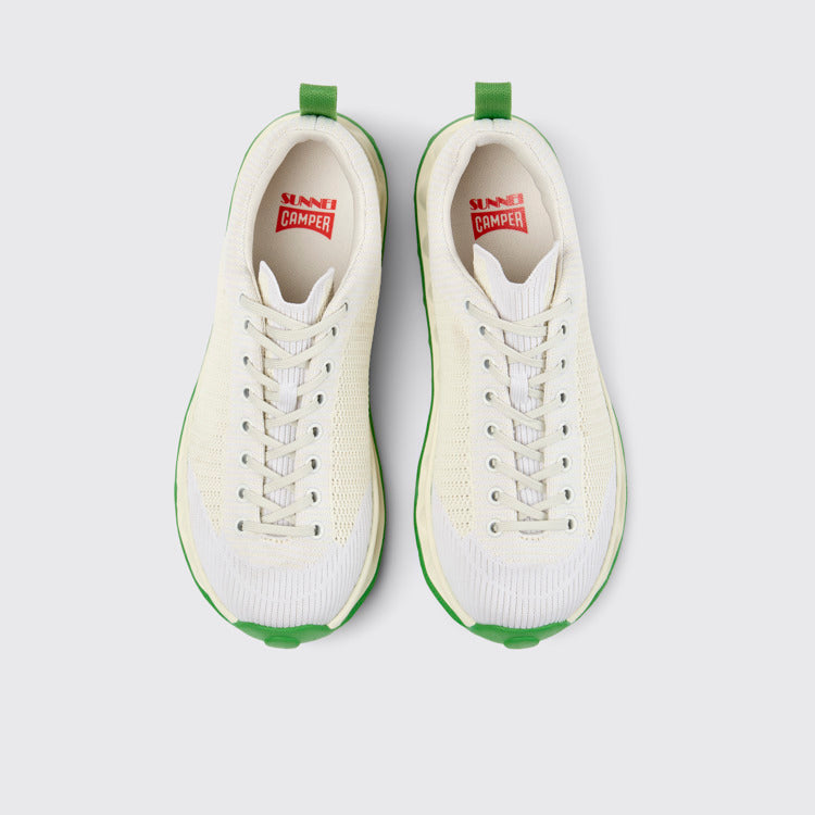Overhead view of Camper x SUNNEI - PELOTISSIMA White and Green Textile Sneakers for Men.