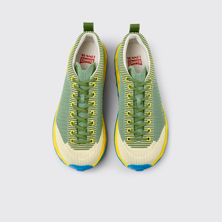 Overhead view of Camper x SUNNEI - PELOTISSIMA Green, Blue and White Textile Sneakers for Men.