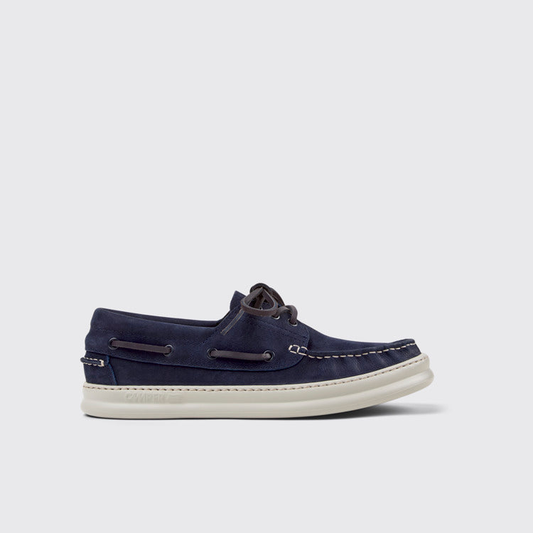 Side view of Runner Blue Nubuck Leather Moccasins for Men.