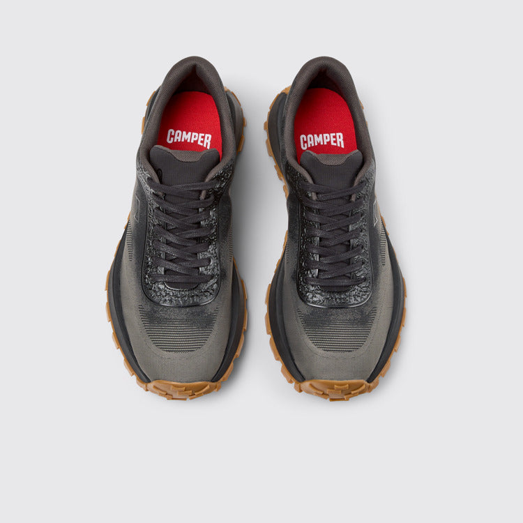 Overhead view of Drift Trail Black and Gray Recycled Engineered Materials and Leather Sneakers for Men.