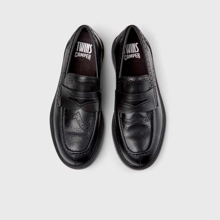 Overhead view of Twins Black Leather Moccasins for Men.